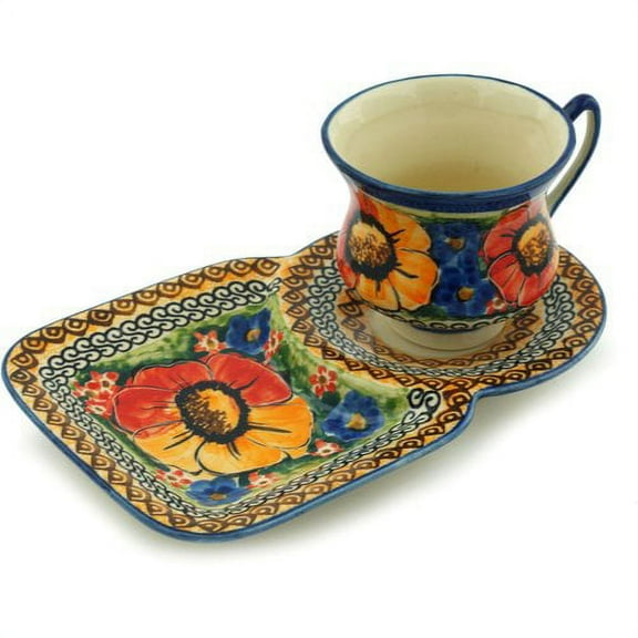 Polmedia Polish Pottery Bright Beauty Coffee Mug with Tray