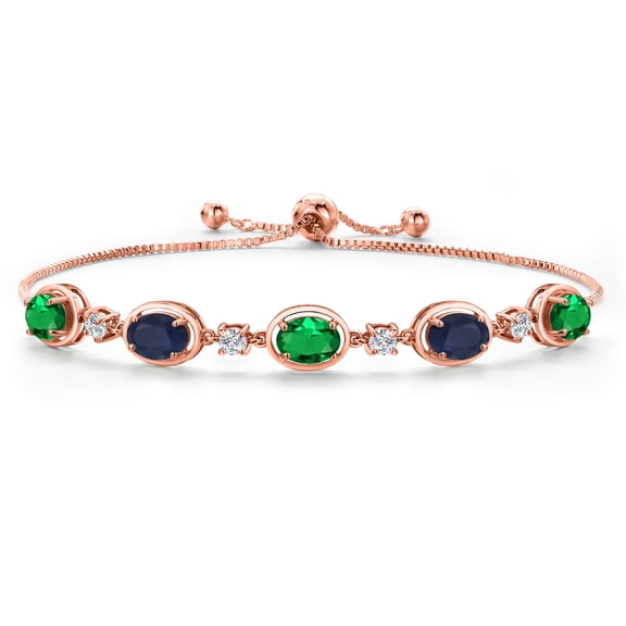 Gem Stone King 18K Rose Gold Plated Silver Green Nano Emerald and Blue Sapphire Bracelet for Women | 3.80 Cttw | Gemstone May Birthstone | Oval 7X5MM | Fully Adjustable 9 inch