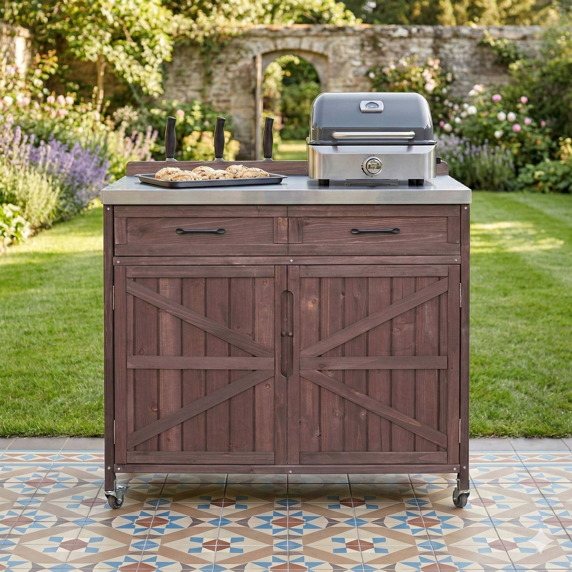 Mintazer 39.4" Outdoor Kitchen Island with Stainless Table Top & Storage Racks, Storage Kitchen Cabinet with Drawer & Adjustable Shelves, Brown