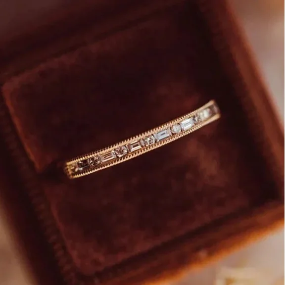 Aishvi Jewels Unique Round And Baguette Diamond Minimalist Wedding Band, 14K Rose Gold Plated Engagement Ring, Birthday Gift,Gift for Wife.