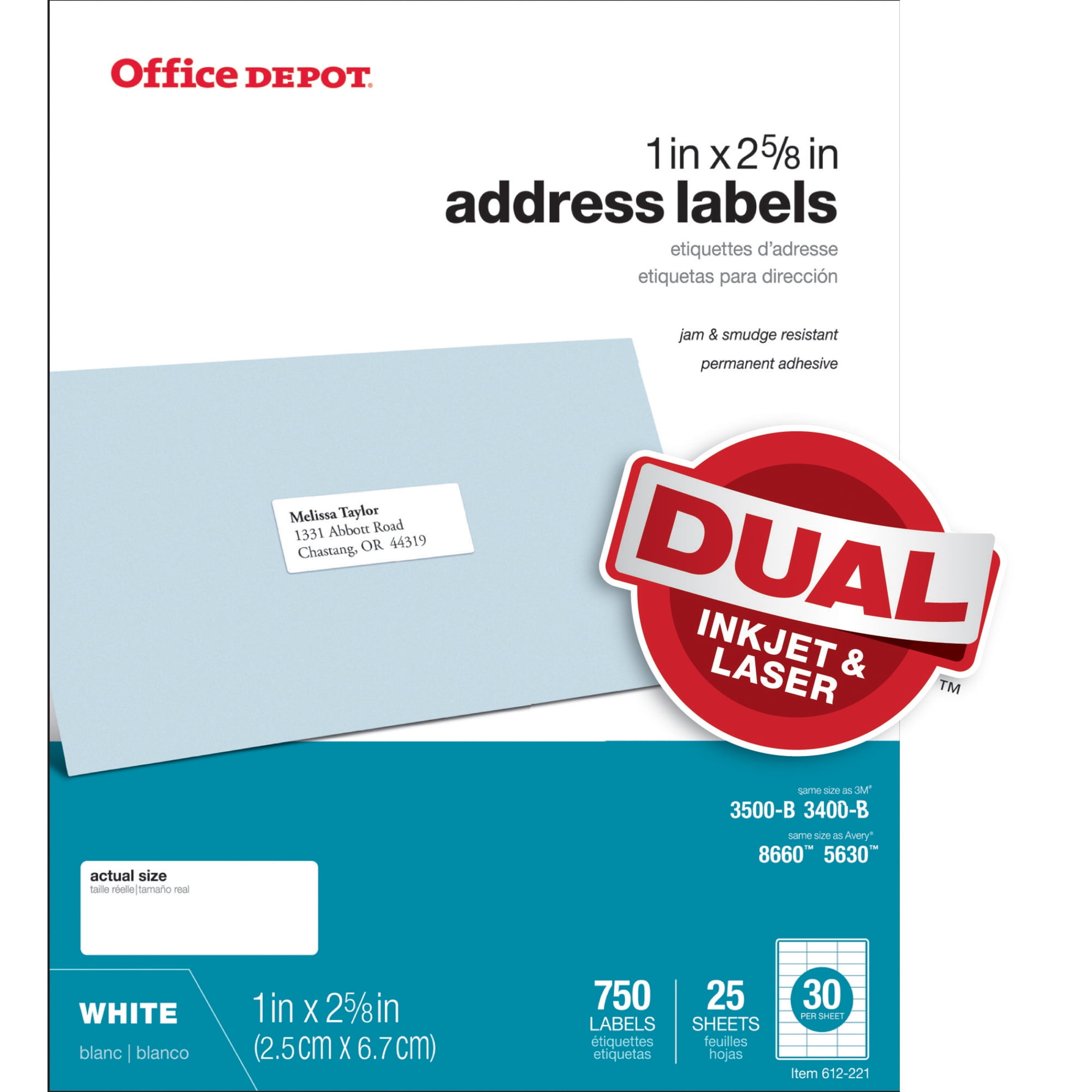 Office Depot White Inkjet/Laser Address Labels, 1in. x 2 5/8in., Pack Of  750, 505-O004-0003 