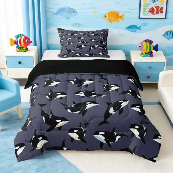Manfei Cartoon Orca Dark Gray Twin Comforter Sets for Kids Boys and Girls, Nautical Marine Print Bedding Set, Black Reversible 2-Piece, 1 Comforter and 1 Pillowcase