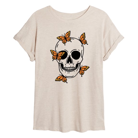 Instant Message - Skull with Butterflies - Juniors Oversized Graphic T-Shirt