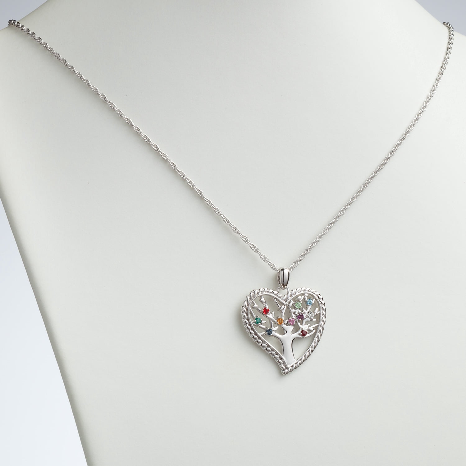 Personalized Planet Women's Silvertone or Goldtone Family Heart Birthstone Tree Pendant, 20"