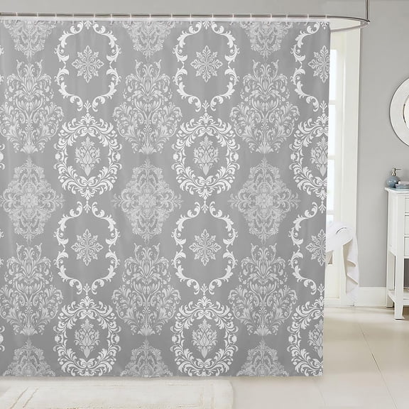 Grey Damask Shower Curtain Waterproof Fabric Bathroom Curtain with Hooks 71x71 inches