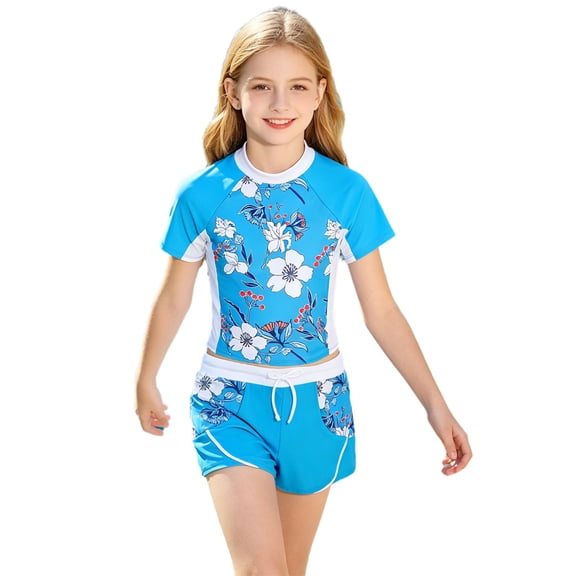SiiRoh Kids Girls Two Pieces Swimwear Swimming Suit Round Neck Short Sleeves Floral Print Top and Drawstring Boyshorts Bathing Suits Blue 6