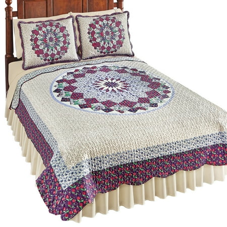 Floral Scallop - Patchwork Quilt with Floral Medallion Pattern & Scalloped Edges, Twin, Purple Multi