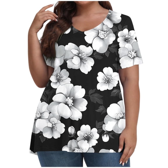 Sexlip Womens Short Sleeve V Neck Blouse Large Floral Print Design Breathable Fabric Relaxed Silhouette for Brunch Outings Black XXXL