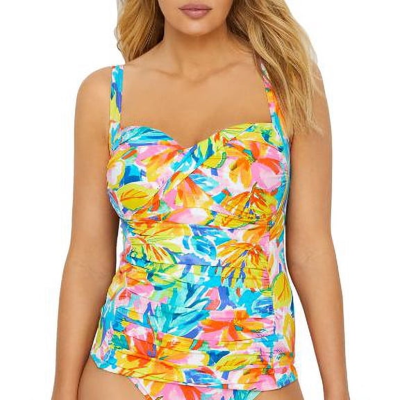 BLEU Women's White Floral Stretch Fixed Cups Adjustable Lined Twist Front Sweetheart Tankini Swimsuit Top 8 D