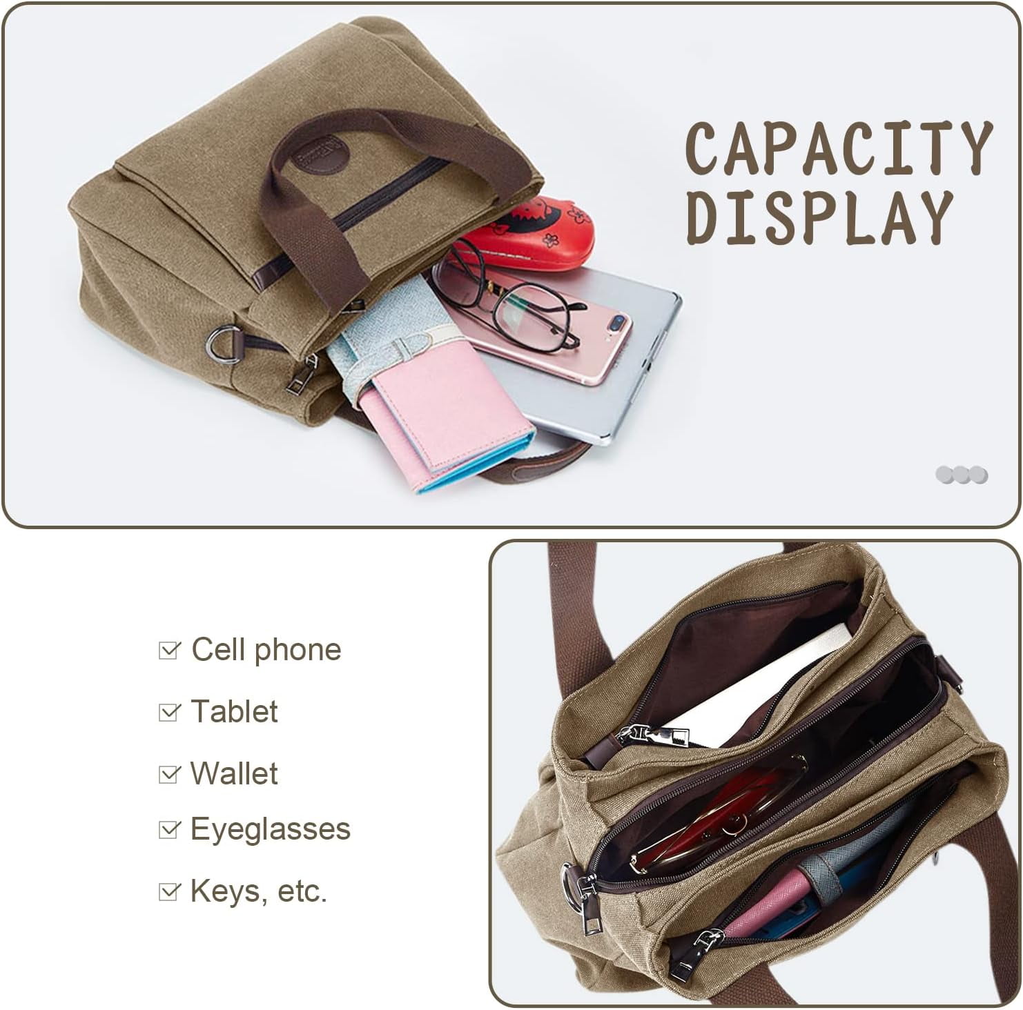 Women's Vintage Canvas Hobo Handbags Work Shoulder Crossbody Bag Tote Purses Multi-pocket Handbags