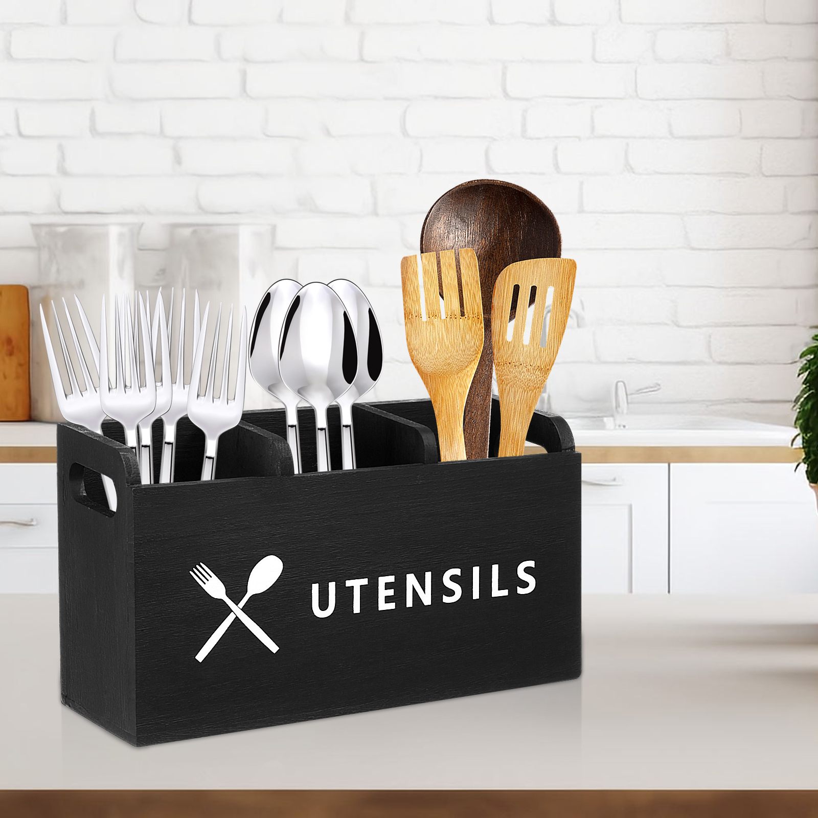 Txkrhwa Utensil Holder Extra Large Utensil Organizer with 3 Compartments, Wooden Rustic Utensil Crocks for Kitchen Counter, Farmhouse Cooking Utensil Caddy Countertop Spatula Silverware Spoon Holder