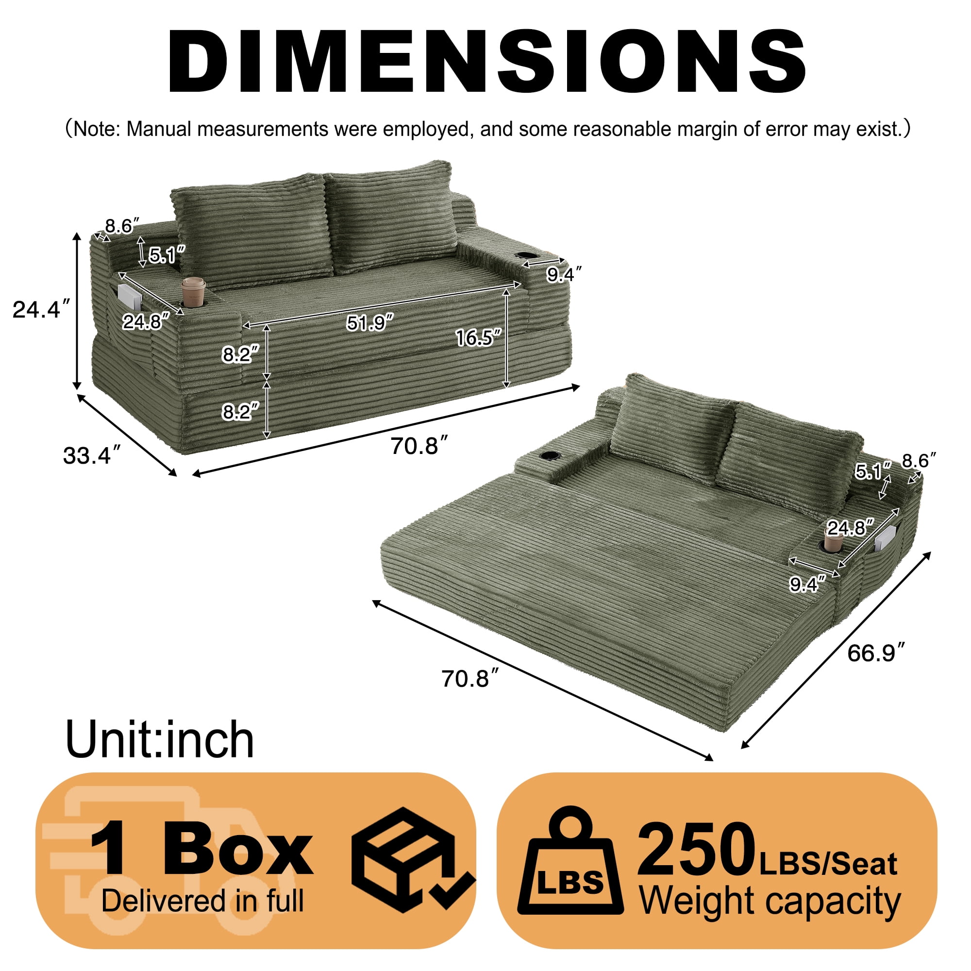 Leumius Futon Sofa Bed,Convertible Corduroy Boneless Couch with Cup Holders & Pocket,2-in-1 Foldable Sleeper Sofa for Living Room, Small Spaces, Bedroom, No Assembly,Green