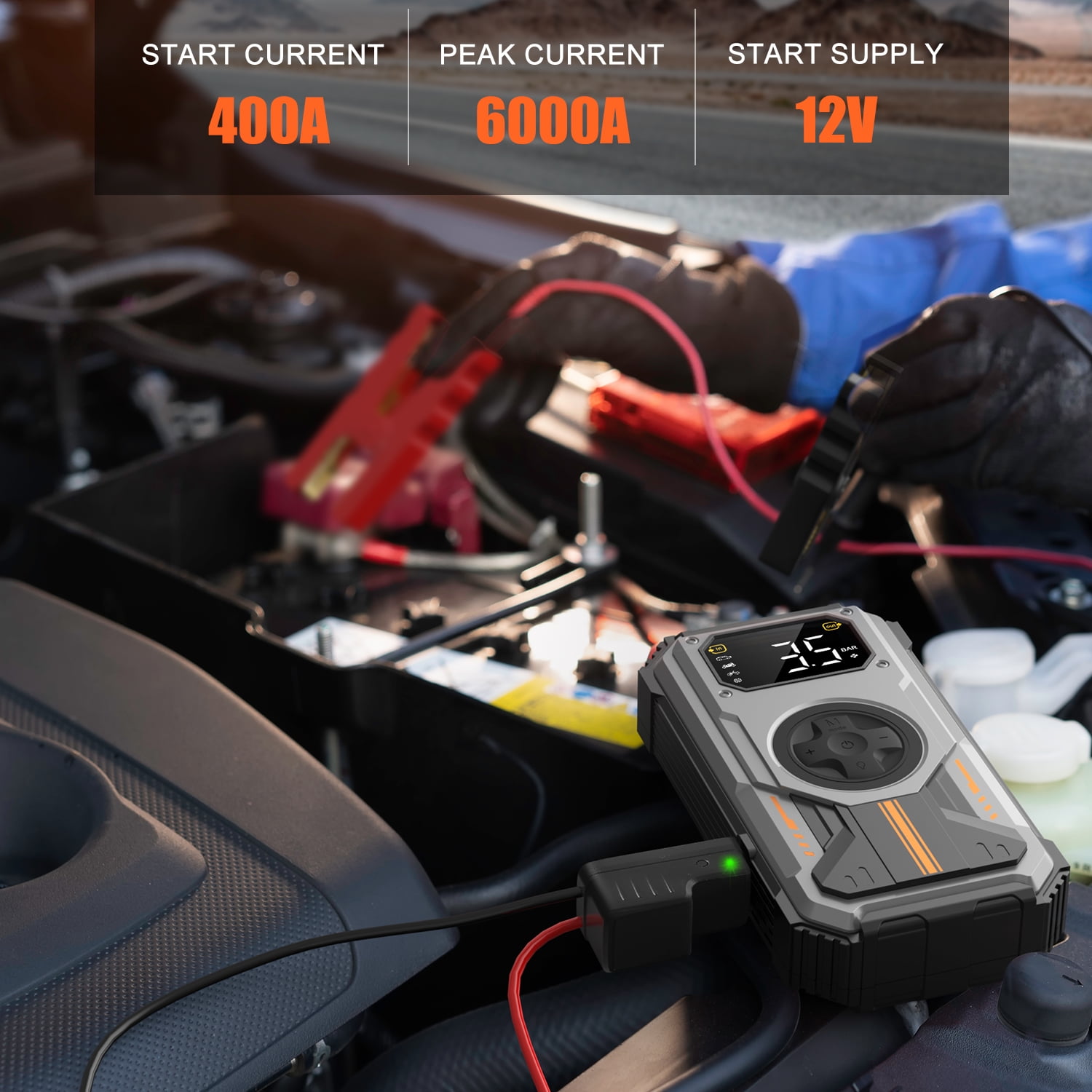 2025 Jump Starter with Air Compressor, 6000A 12V Battery Charger Car Jump Starter 150 PSI Tire Inflator Air Pump For All Gas/Diesel Vehicles, USB Input/Outpu
