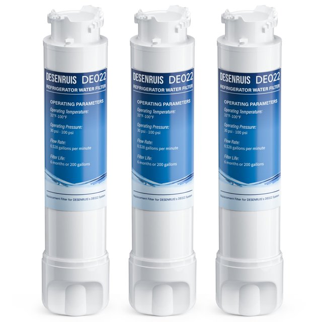 filtro de agua de repuesto compatible con frigidaire eptwfu01, ewf02, pure source ultra ii, paquete de 3 Tres cartuchos cilíndricos blancos con etiqueta azul DESENRUIS DE022, tope de encaje superior y base giratoria inferior para instalación en refrigerador; a menudo usado como recambio para mantenimiento cada seis meses.