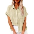 thumbnail image 2 of DondPO Tshirts Shirts for Women Short Sleeve Shirts Summer New Ladies Loose Blouses Cotton And Lapel Rolled Short Sleeve Button Shirt Tee Shirt Womens Tops Business Casual Tops Khaki XL, 2 of 5