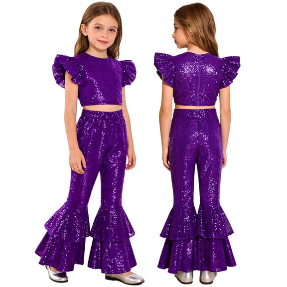 iiniim Girls Sequin Dance Outfit Hip Hop Jazz Crop Top and Pants Stage Performance Purple 8