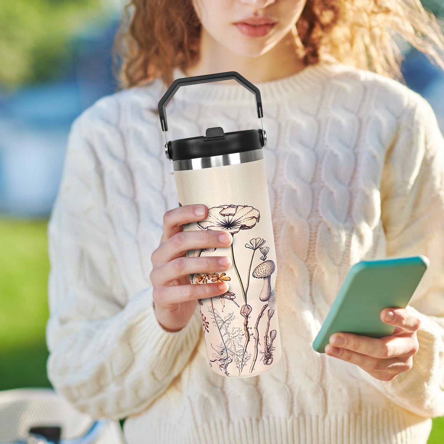 30 oz Black Bottle Spill Proof Mushroom Tumbler with Top Handle and Straw Lid Stainless Steel Double Wall Insulated Tumbler Coffee Mug Gift for Women Men Travel Cup for Car (Plant)