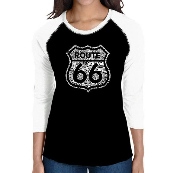 LA Pop Art Women's Raglan Baseball Word Art T-shirt - Get Your Kicks on Route 66