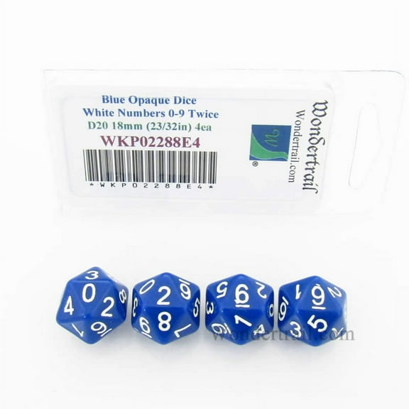 Blue Opaque Dice with White Numbers D20 (0 - 9 Twice) 18mm (23/32in) Pack of 4 Wondertrail