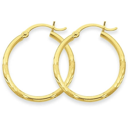 14kt Yellow Gold Satin and Diamond-Cut 2mm Round Tube Hoop