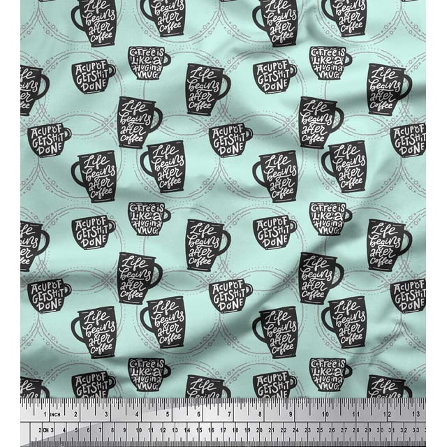 Soimoi Green Velvet Fabric Life Begins After Coffee Text Printed Craft Fabric by the Yard 58 Inch Wide