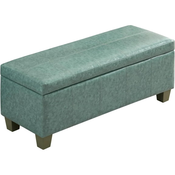 HLL 41" Faux Leather Storage Ottoman, Stitch Tufted Rectangle Upholstered End of Bed Storage Bench, Entryway Large Couch Ottoman with Wooden Legs,Teal