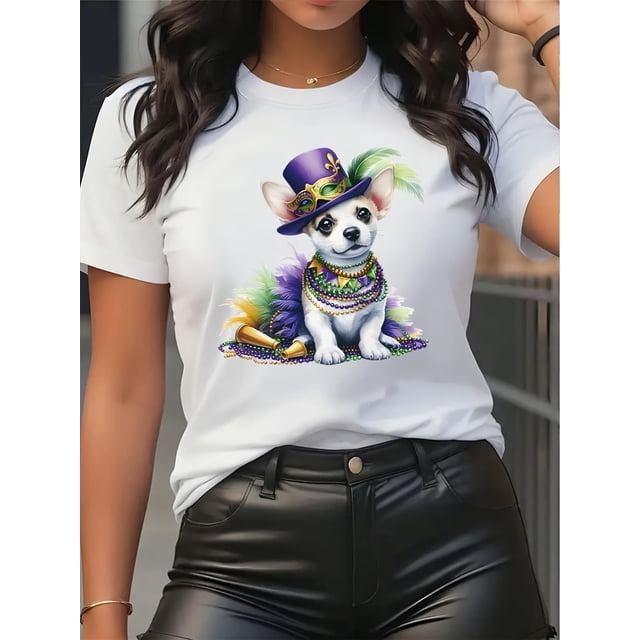 Camiseta para mujer Suave de veranoWomen'S Mardi Gras Dog Print T-Shirt, Casual Crew Neck Short Sleeve Top, 100% Polyester Knit Fabric, Regular Length, All Seasons - Animal Pattern ClothingFather's