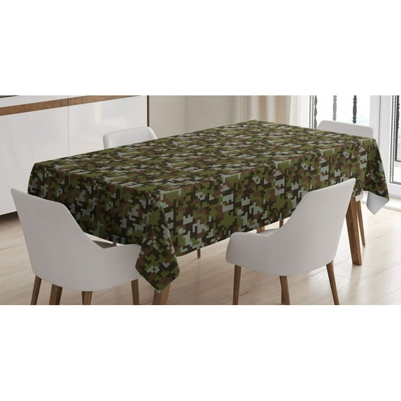 Camouflage Tablecloth, Camo Look Graphic of Abstract Pixel Art, Rectangle Satin Table Cover Accent for Dining Room and Kitchen, 52" X 70", Sage Green Army Green, by Ambesonne