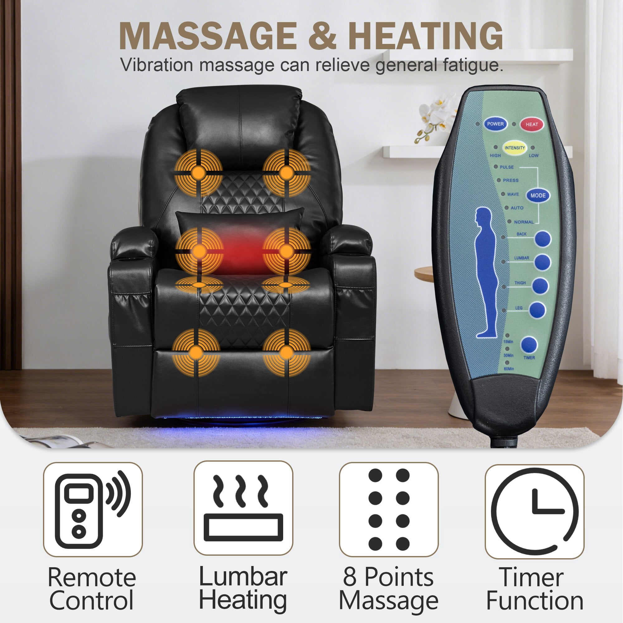 QJTC Power Rocker Recliner Chair with Heat and Massage, 240° Swivel Recliner Chair with Lumbar Pillow/Cup Holder/LED Lights/USB Ports, Black