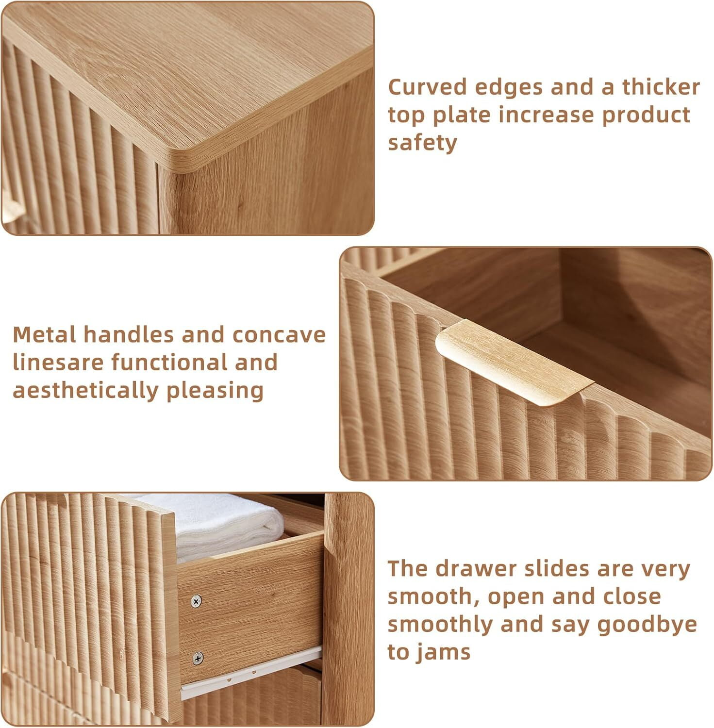 6 Drawer Dresser for Bedroom, 48" Width Fluted Wood Chest of Drawer with Golden Embedded Handles for Living Room, Natural Oak
