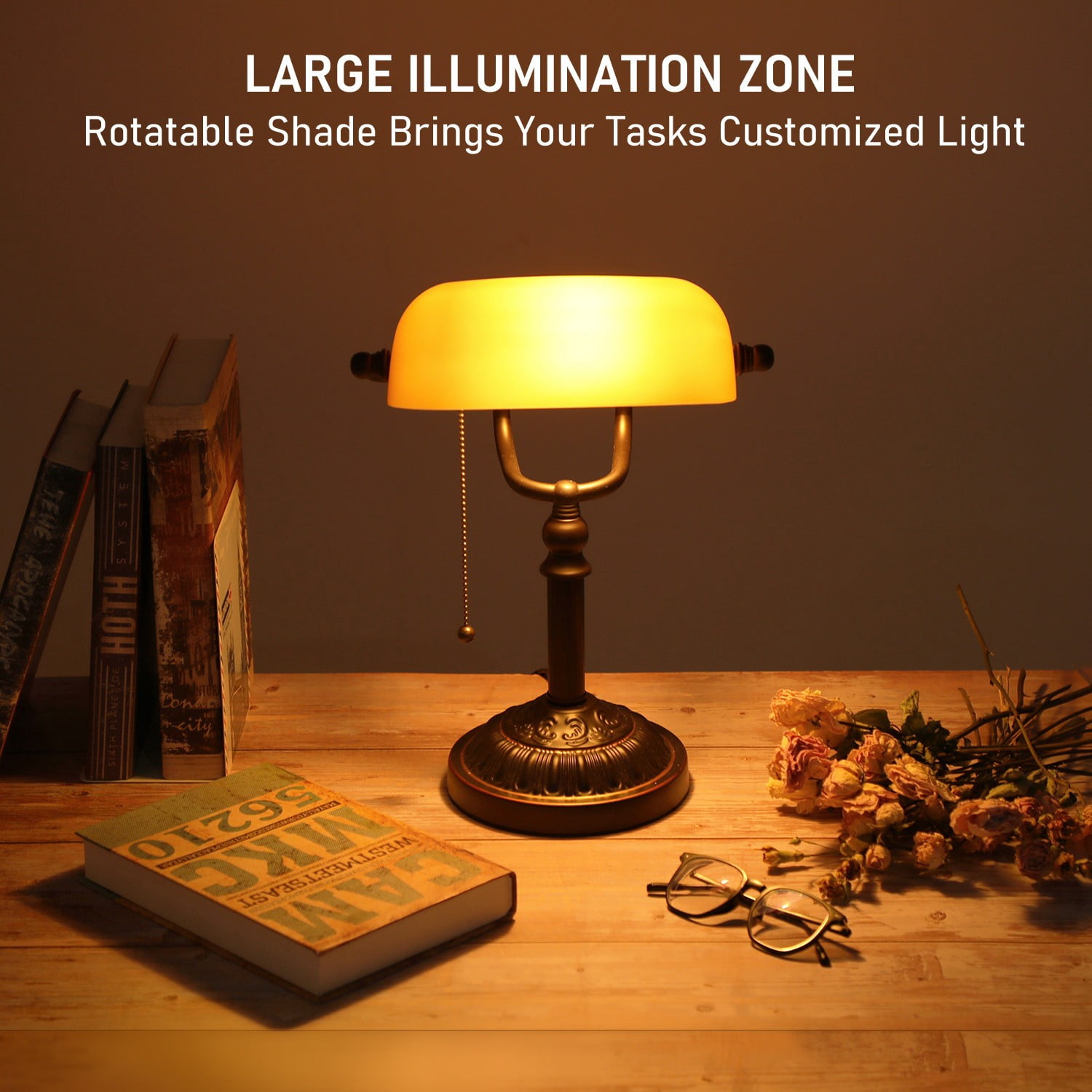 2 Pack Bankers Desk Lamp, Yellow Glass Shade, Vintage Desk Lamp With Pull Chain Switch
