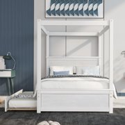 Paproos Full Canopy Bed with Trundle Bed, New Upgraded Wood Canopy Platform Bed with Headboard and Strong Slats Support, No Box Spring Needed, Full Size Canopy Bed, White