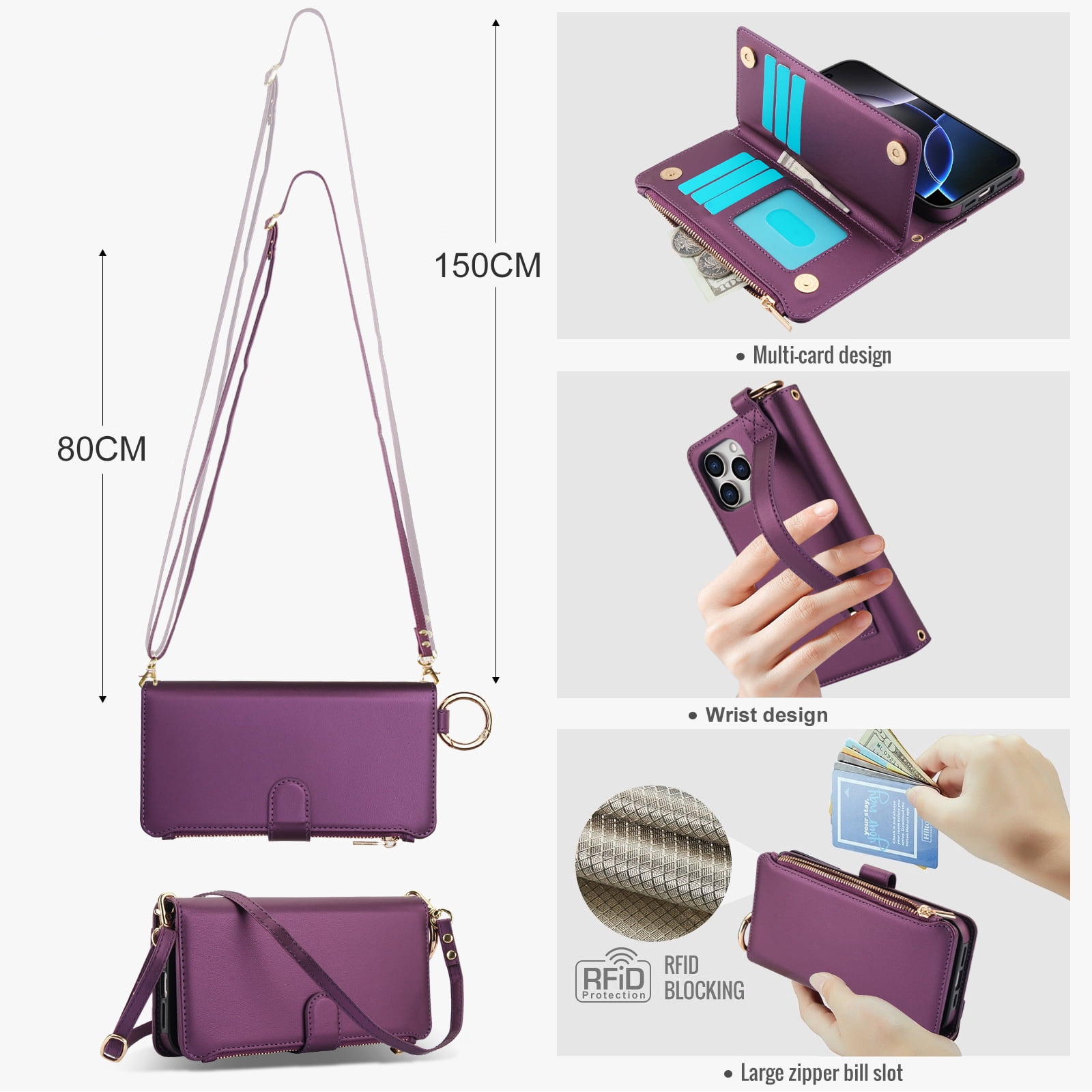 ELEHOLD For iPhone 13 Pro Max Phone Case Leather Crossbody Zipper Card Wallet Flip Case Kickstand Cover, with Ring Holder,Full Body Protection-Deeppurple