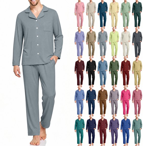 Sevevn Men Pajama Set Button Down Notch Collar Long Sleeve Top And Long Pants Soft Knit Fabric Chest Pocket Elastic Waist For Sleepwear Lounge Wear