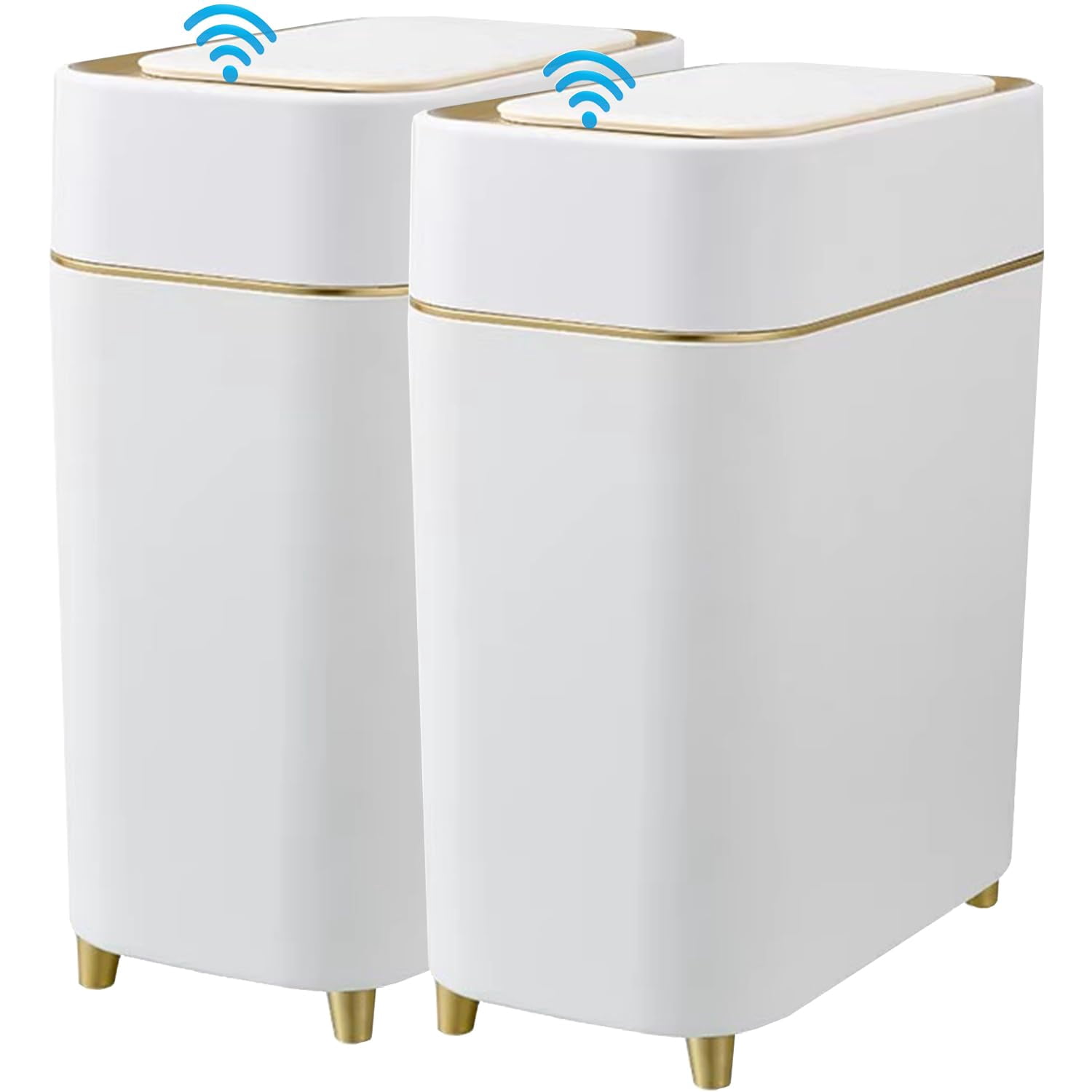 Motion Sensor Trash Can Bathroom Automatic Touchless Lid - Sensor Garbage Can - Bathroom, Bedroom, Kitchen, Laundry Room, Small Spaces - Compact Smart Trash Bin - White with Gold Edge, 1Pack