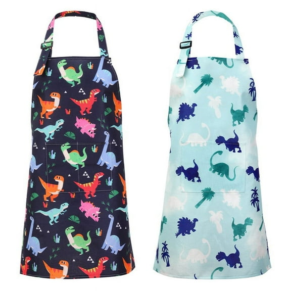 Qweryboo 2PCS Kids Aprons, Kids Art Aprons with Blue Dinosaur Print, with Adjustable Strap and Front Pocket for Toddlers Cooking Baking Gardening Art and Craft
