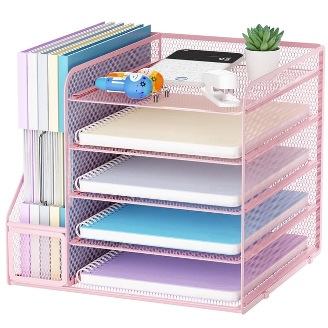 Organizadores de escritorio Marbrasse, bandeja de papel para cartas de 5 niveles, color rosa