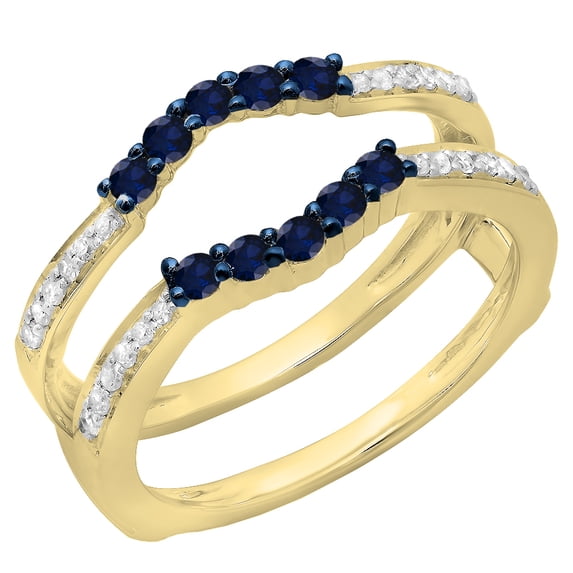 Dazzlingrock Collection 14K Blue Sapphire & White Diamond Wedding Band 5 Stone Enhancer Guard Double Ring, Yellow Gold, Size 4