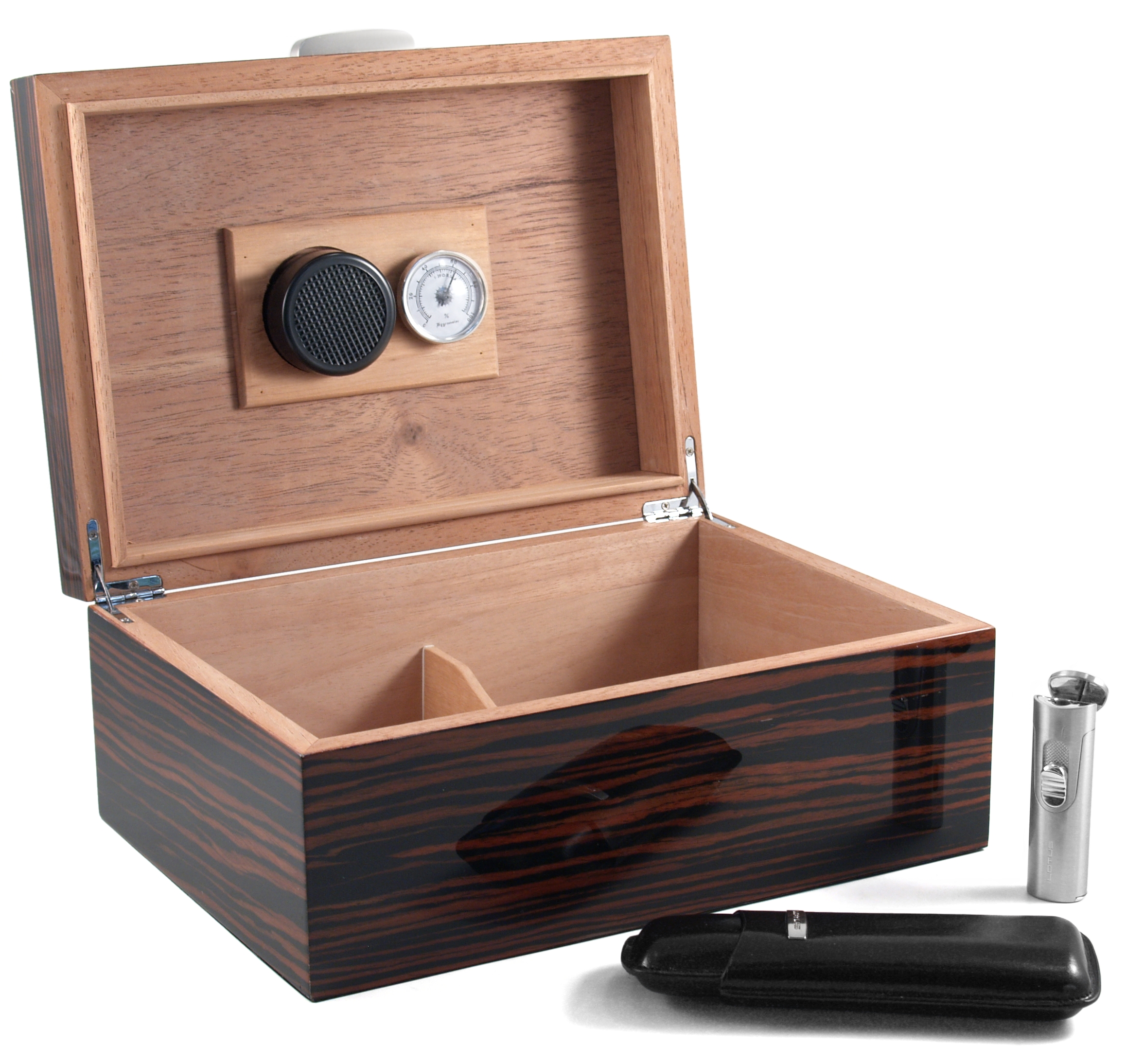 Lotus 50Cigar Humidor Gift Set High Lacquer Black Oak with Travel