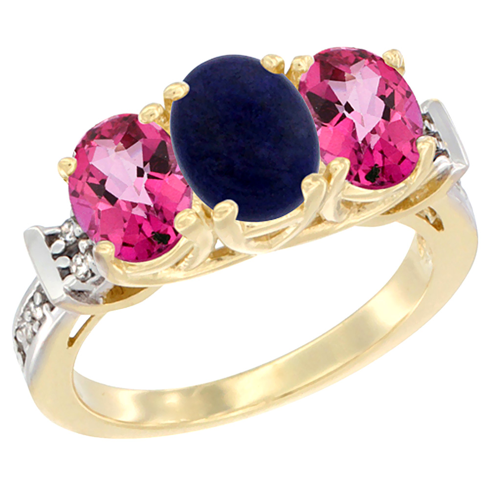 10K Yellow Gold Natural Lapis & Pink Topaz Sides Ring 3-Stone Oval Diamond Accent, sizes 5 10 by WorldJewels