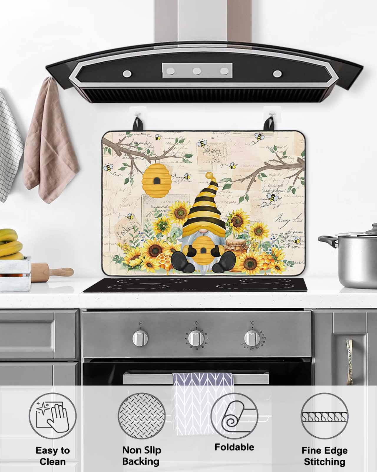 Large Induction Cooktop Protector Mat Gnomes Sunflower Stove Top Covers for Electric Stove, Bees Branches Floral Watercolor Decorative Stove Burner Cover Mats, Glass Top Stove Cover