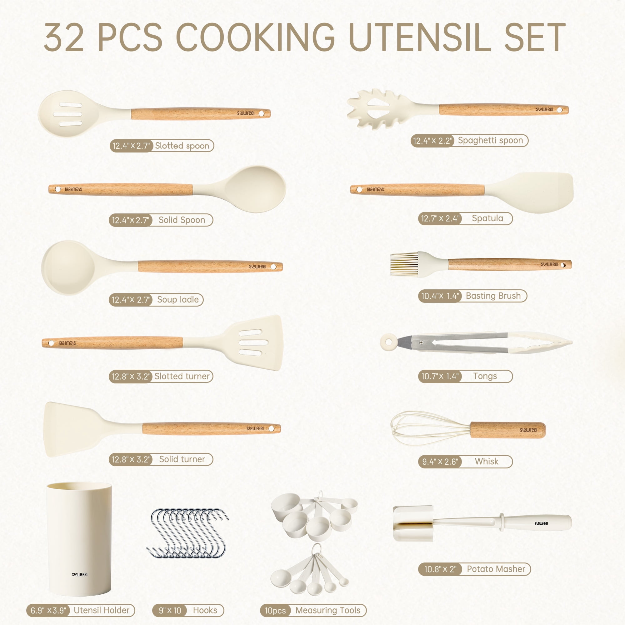 Slowfeel 32-Piece Silicone Kitchen Utensil Set with Holder, Heat Resistant Kitchen Gadget Set for Nonstick Cookware, 10 Hooks Included, White