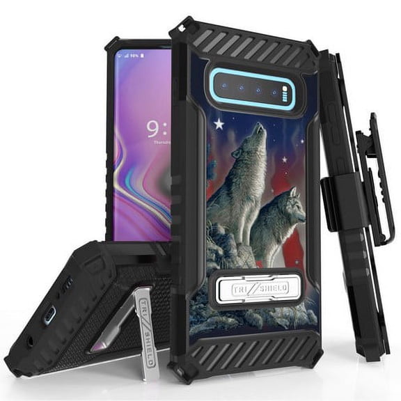 Galaxy S10 Plus (SM-G975) Case, TRISHIELD Rugged Cover With   [Belt Clip Holster]   [Built in kickstand] For Samsung Galaxy S10 Plus - Patriotic Wolves