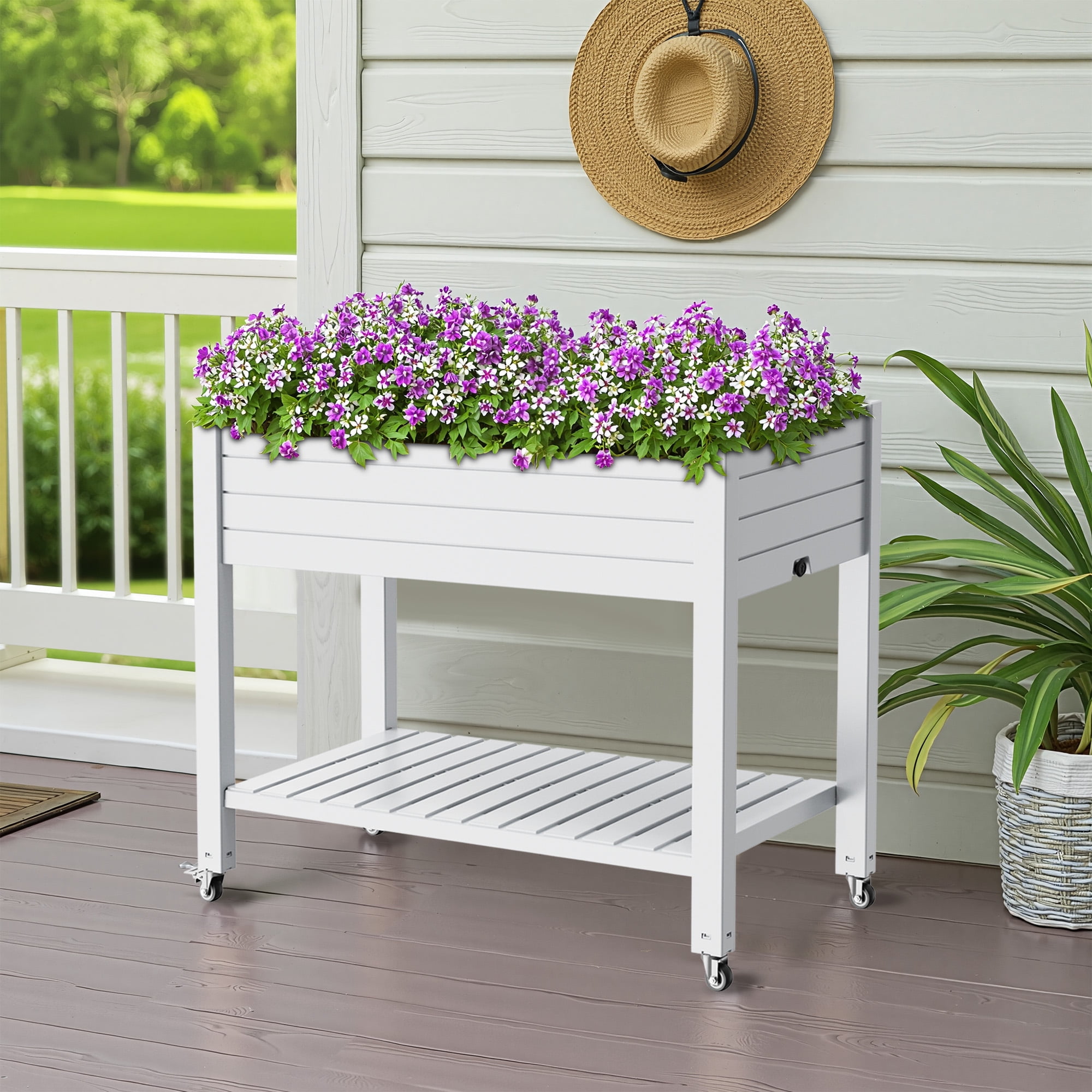 MAYEERTY Raised Garden Bed with Wheels & Lower Shelf, Built-In Water Storage for Patio Balcony Garden