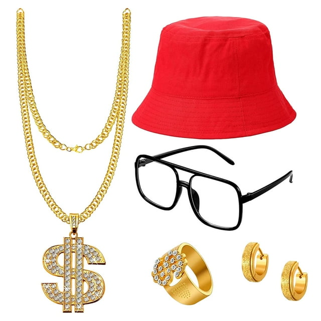 Disfraz de Hip Hop, gafas de sol, rapero para hombres, colgante, accesorios de joyería, pendientes para accesorios de Cosplay, fiestas temáticas, Rojo