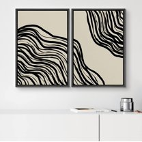 PixonSign Framed Wall Art Set Dark Wood Rings Print Geometric Spiral Wave Collage Abstract Modern Artwork Minimalism Decor Vintage Canvas Print for Room, Entryway - 16"x24"x2 Panels Black