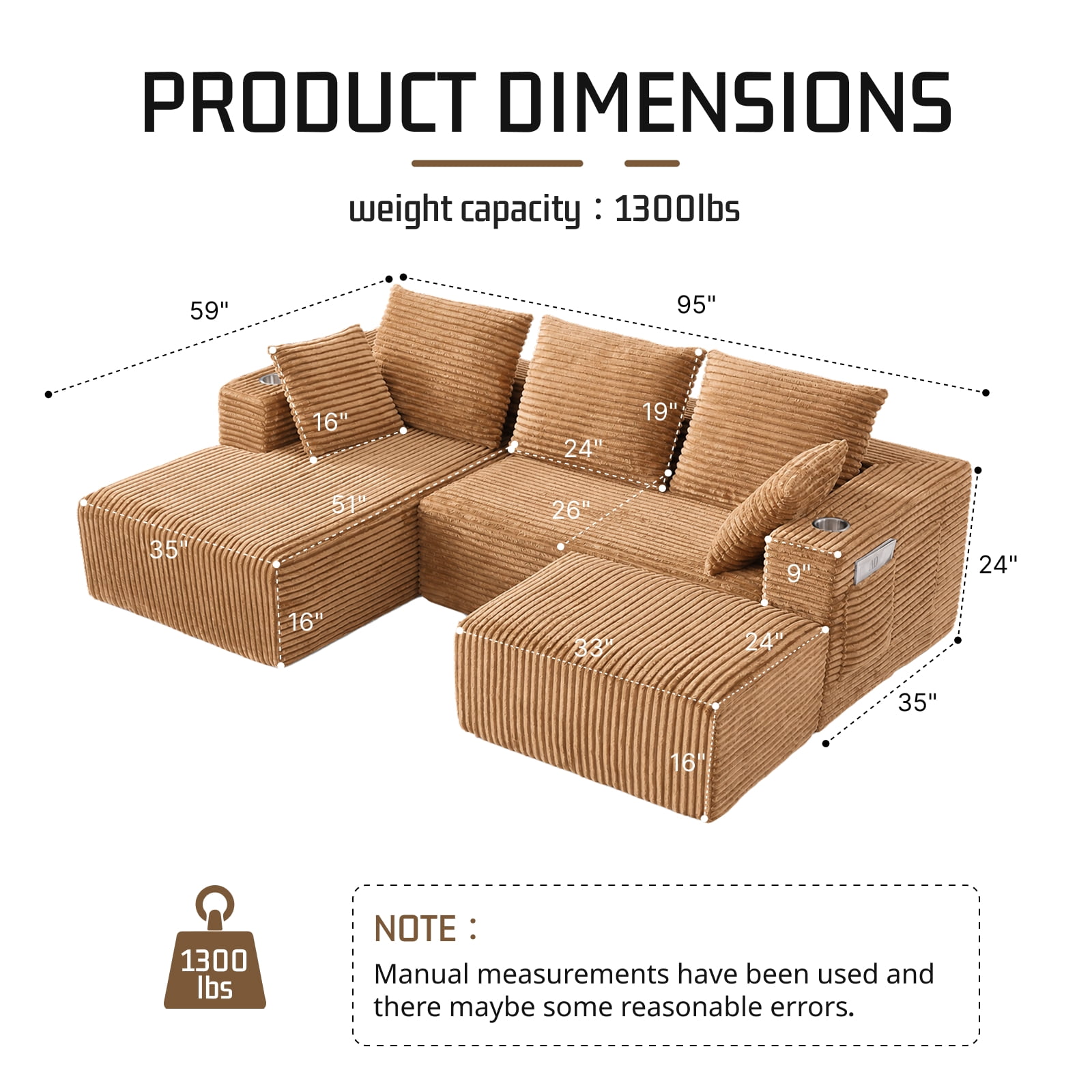 95'' 4 Seater Boneless L Shape Modular Sofa Couch with 4 Pillows, 2 Cup Holders and Ottoman
