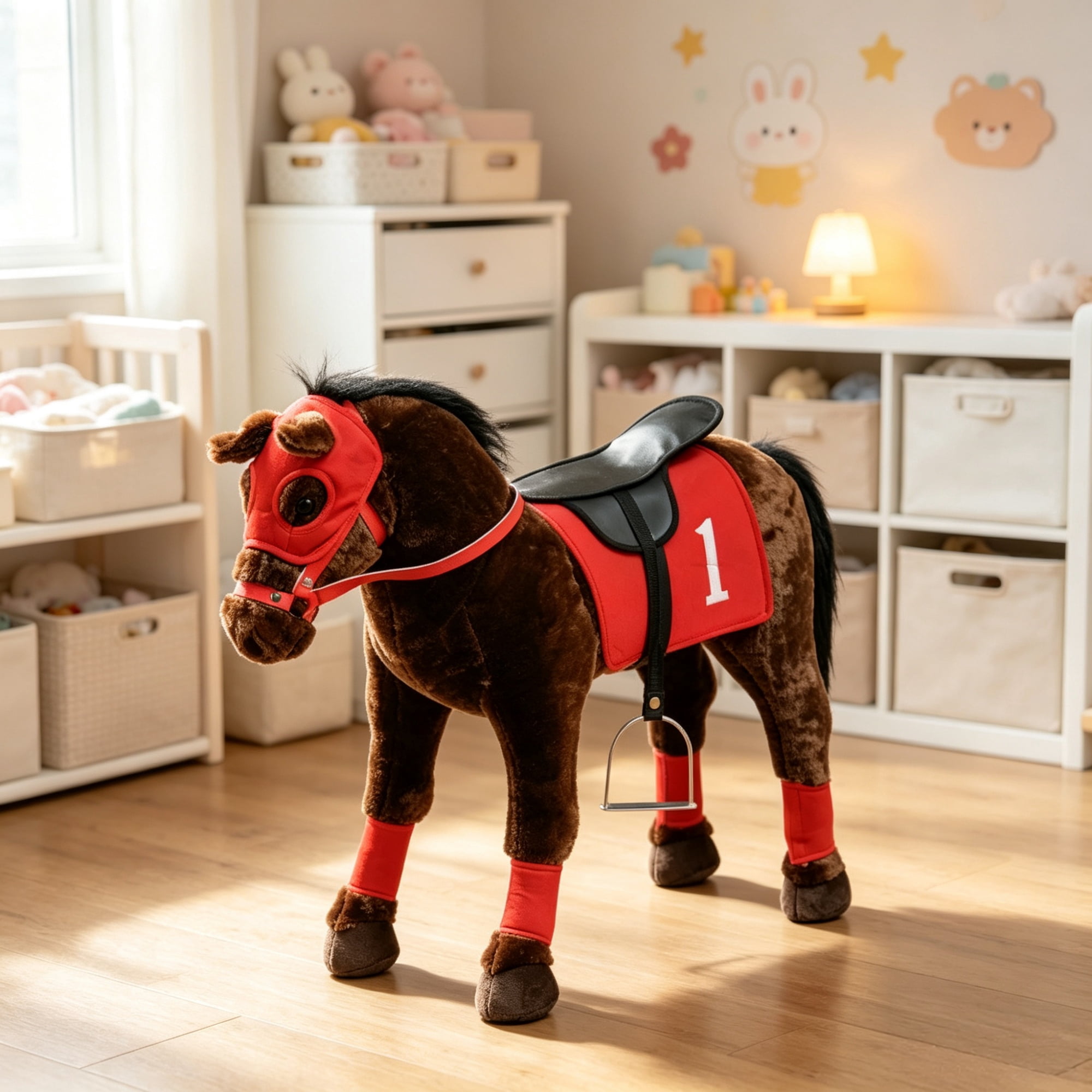 Kids Ride on Horse Toy Age 3-8, Press to Neigh, Equipped with Saddle & Stirrups