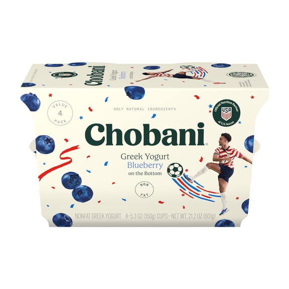 Chobani Non-Fat Greek Yogurt, Blueberry on the Bottom, 5.3 oz Cup, 4 Pack