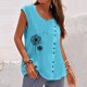 thumbnail image 2 of Gibobby Mujeres diente de león impresión Casual verano sin mangas botón chaleco cuello redondo blusa suelta Top(Azul claro,G), 2 of 5